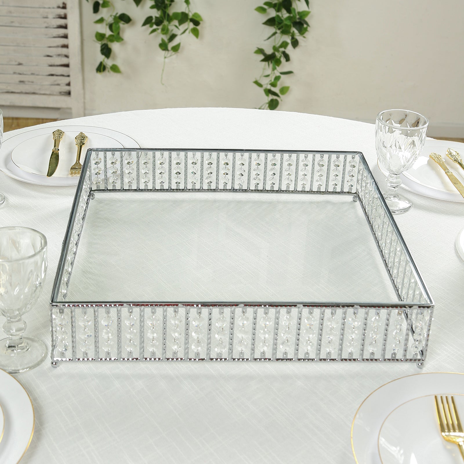 18" Square Silver Cake Stand with Hanging Crystal Beads and Glass Top – Metal Dessert Display Tray