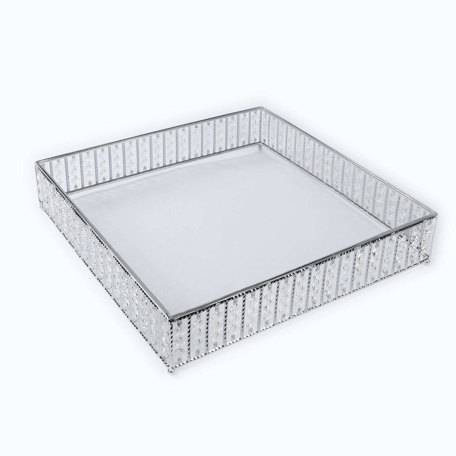 18" Square Silver Cake Stand with Hanging Crystal Beads and Glass Top – Metal Dessert Display Tray
