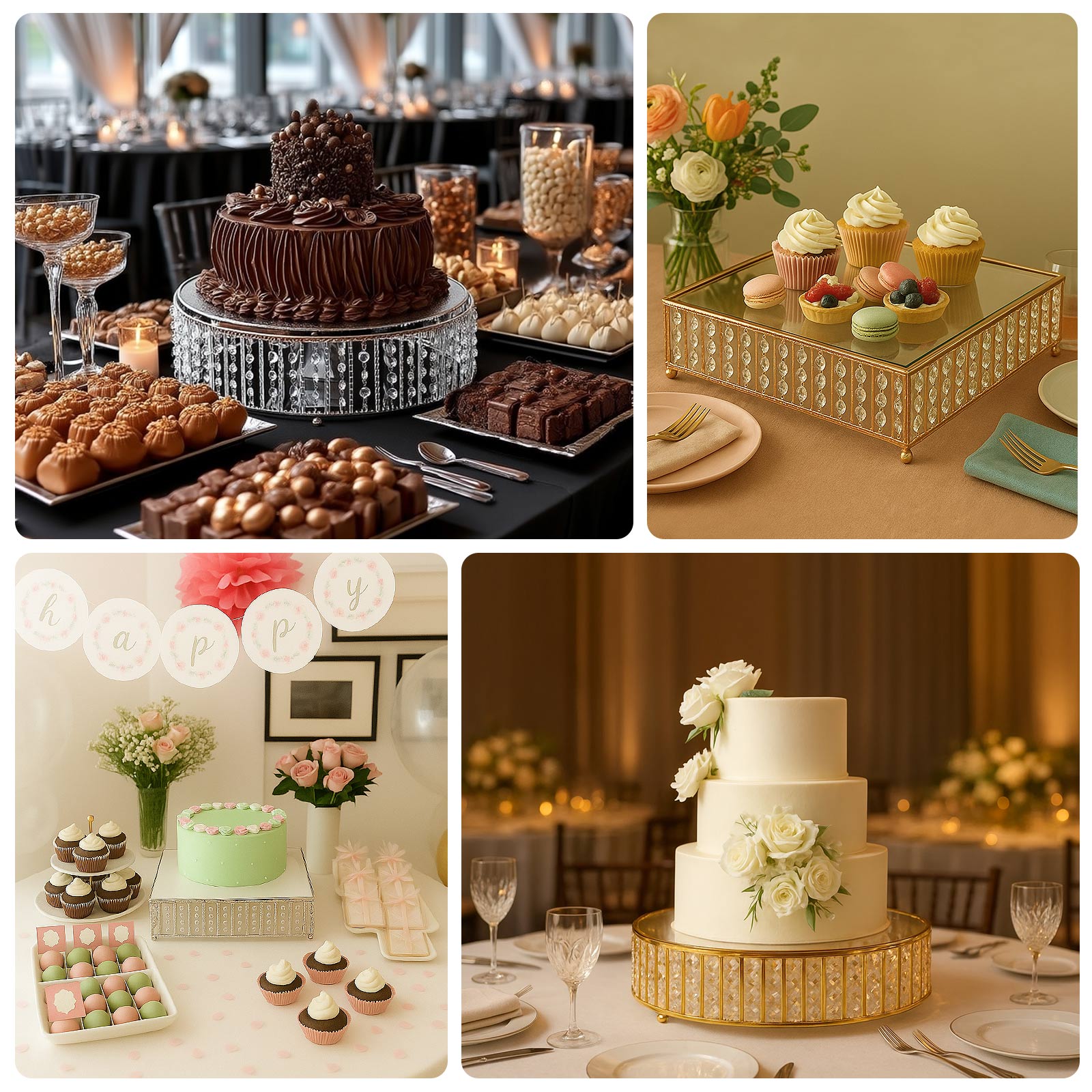 18" Round Gold Cake Stand with Hanging Crystal Beads and Glass Top – Metal Dessert Display Tray