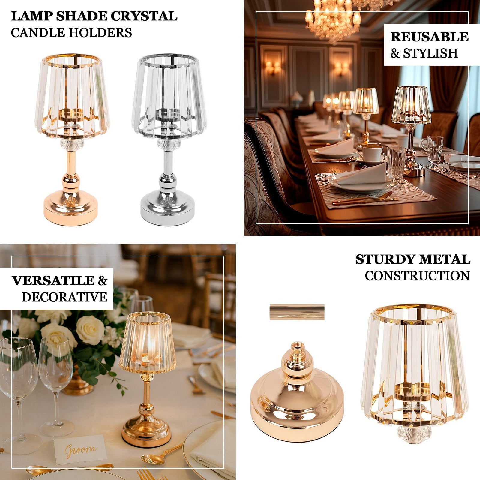 2-Pack 11" Crystal Pendant Candle Holders - Classic Empire Lamp Shade Style in Gold, Votive Candle Stand For Table Centerpieces