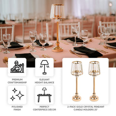 2-Pack 15" Crystal Pendant Candle Holders - Classic Empire Lamp Shade Style in Gold, Votive Candle Stand For Table Centerpieces