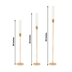 Gold Metal Taper Candle Holders with Hurricane Glass Shades, Set of 3 – Modern Minimalist Candlestick Stands – 28", 32", 36"