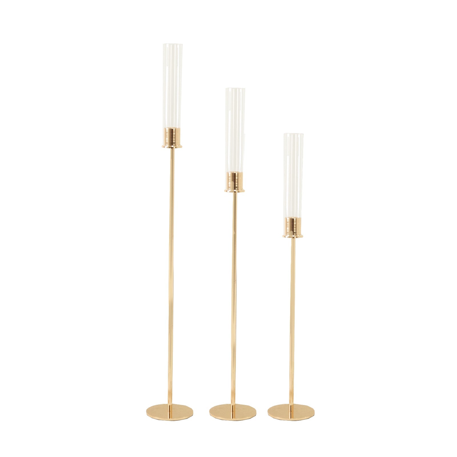 Gold Metal Taper Candle Holders with Hurricane Glass Shades, Set of 3 – Modern Minimalist Candlestick Stands – 28", 32", 36"