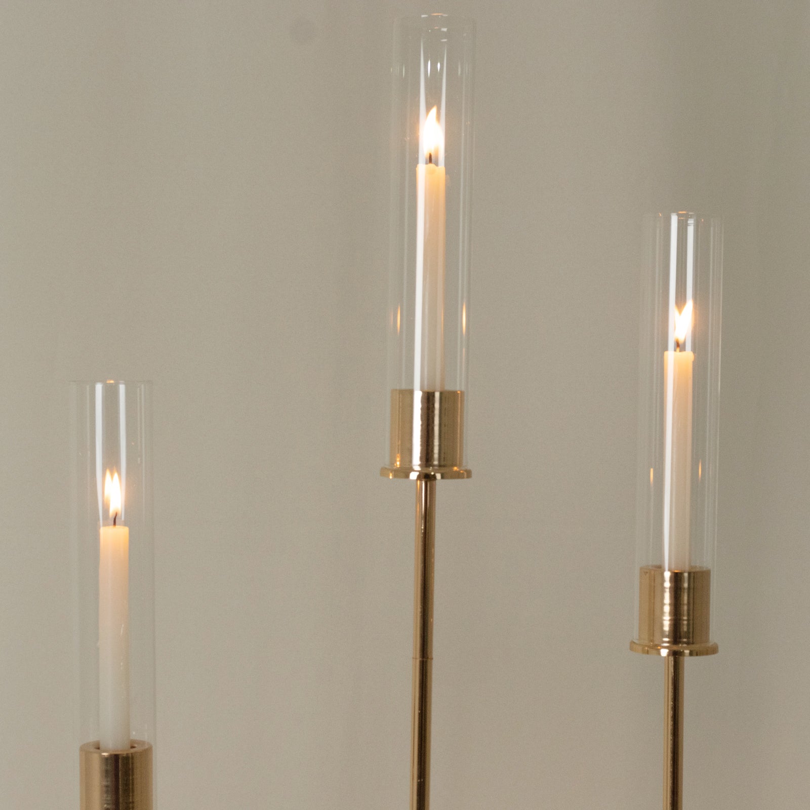 Gold Metal Taper Candle Holders with Hurricane Glass Shades, Set of 3 – Modern Minimalist Candlestick Stands – 28", 32", 36"