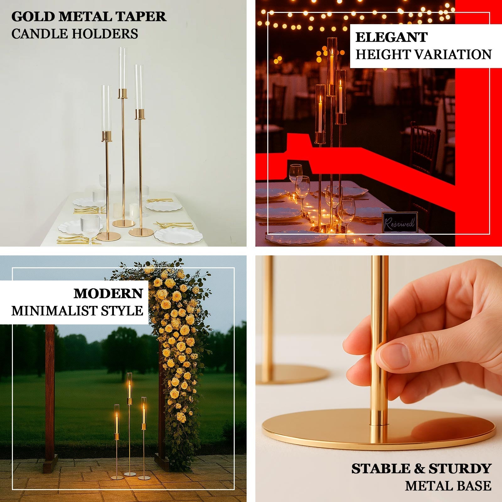 Gold Metal Taper Candle Holders with Hurricane Glass Shades, Set of 3 – Modern Minimalist Candlestick Stands – 28", 32", 36"