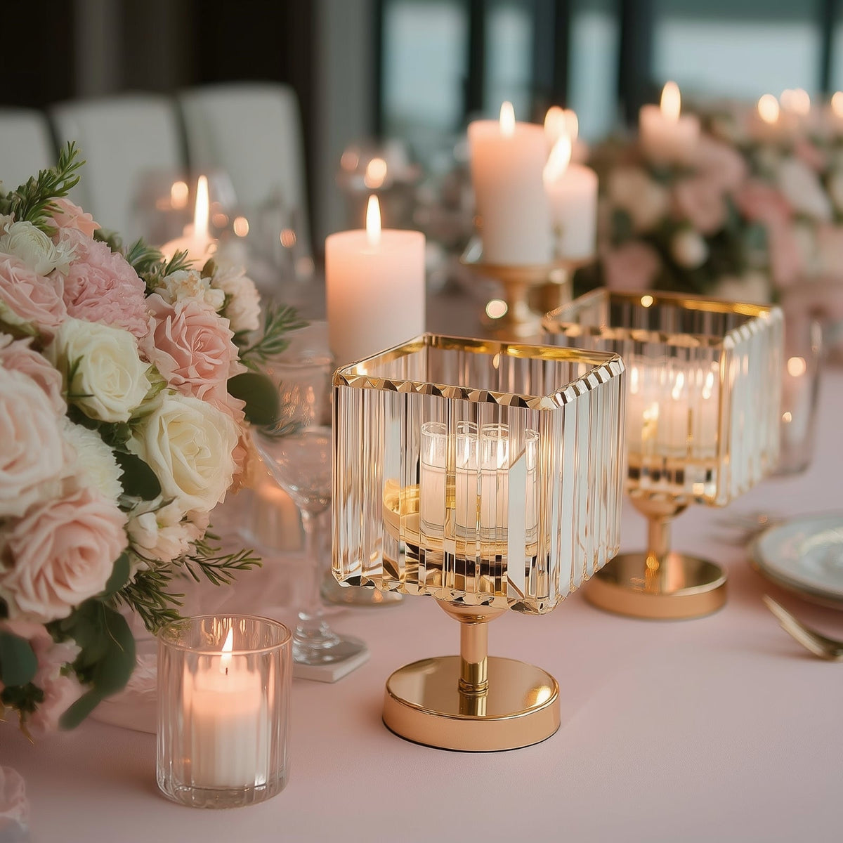 2 Pack 9" Crystal Pendant Hurricane Candle Holders in Gold, Elegant Square Design for Pillar Candles, Decorative Table Centerpieces