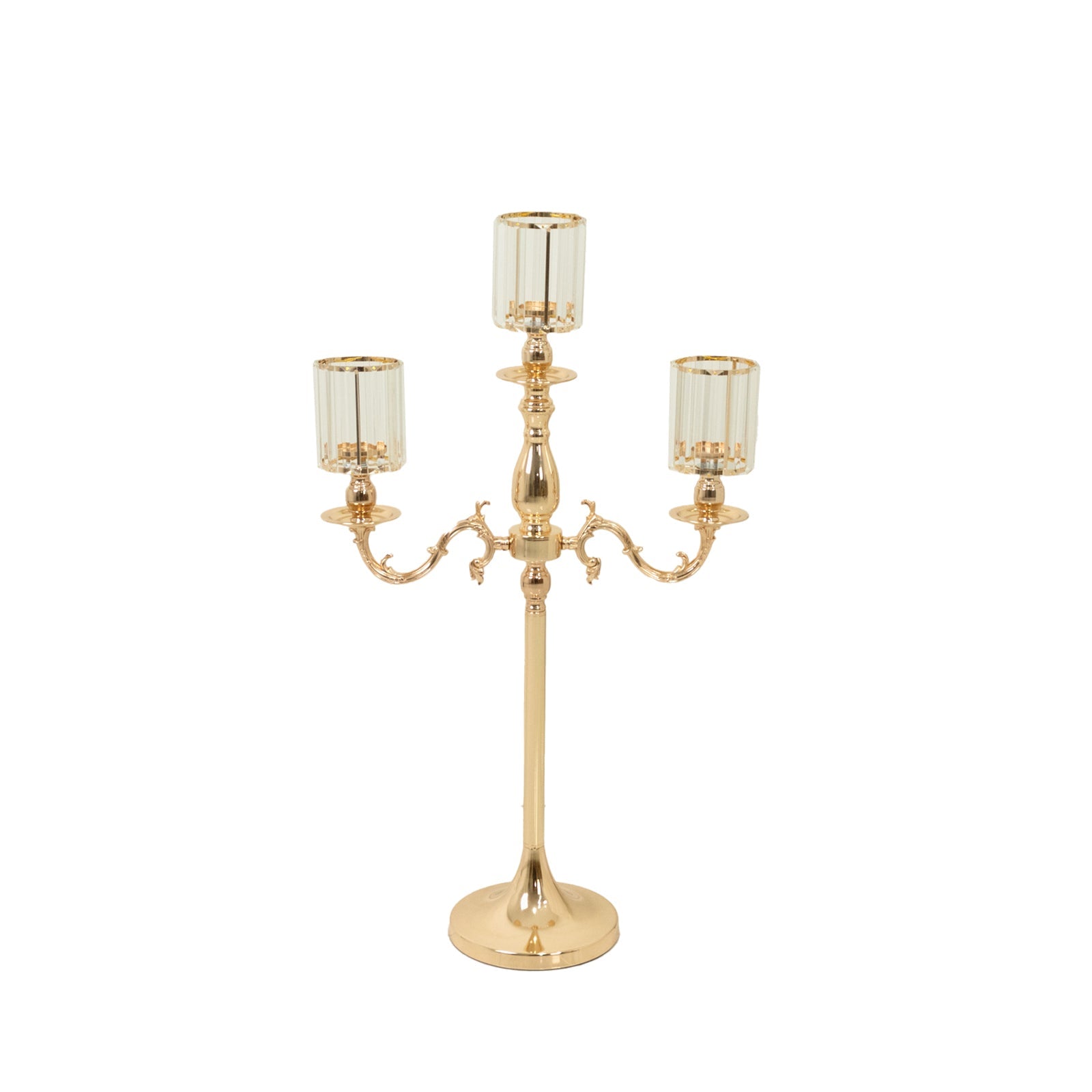 Gold Metal 3-Arm Candelabra with Crystal Pendant Glass Shades – 34" Tall Candle Holder for Pillar, LED, and Flameless Candles