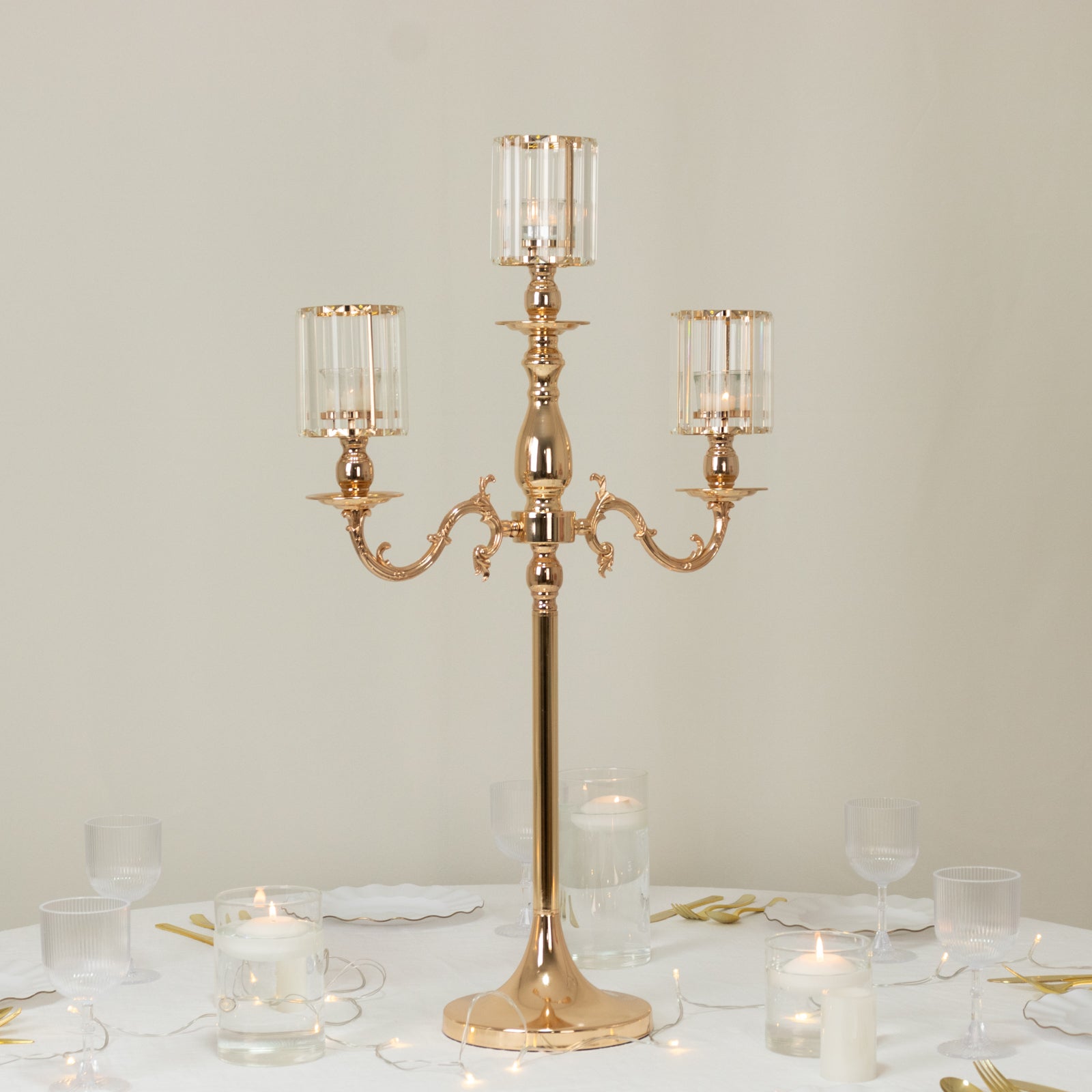 Gold Metal 3-Arm Candelabra with Crystal Pendant Glass Shades – 34" Tall Candle Holder for Pillar, LED, and Flameless Candles
