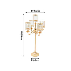 Gold Metal 5-Arm Candelabra with Crystal Pendant Glass Shades – 40" Tall Candle Holder for Pillar, LED, and Flameless Candles