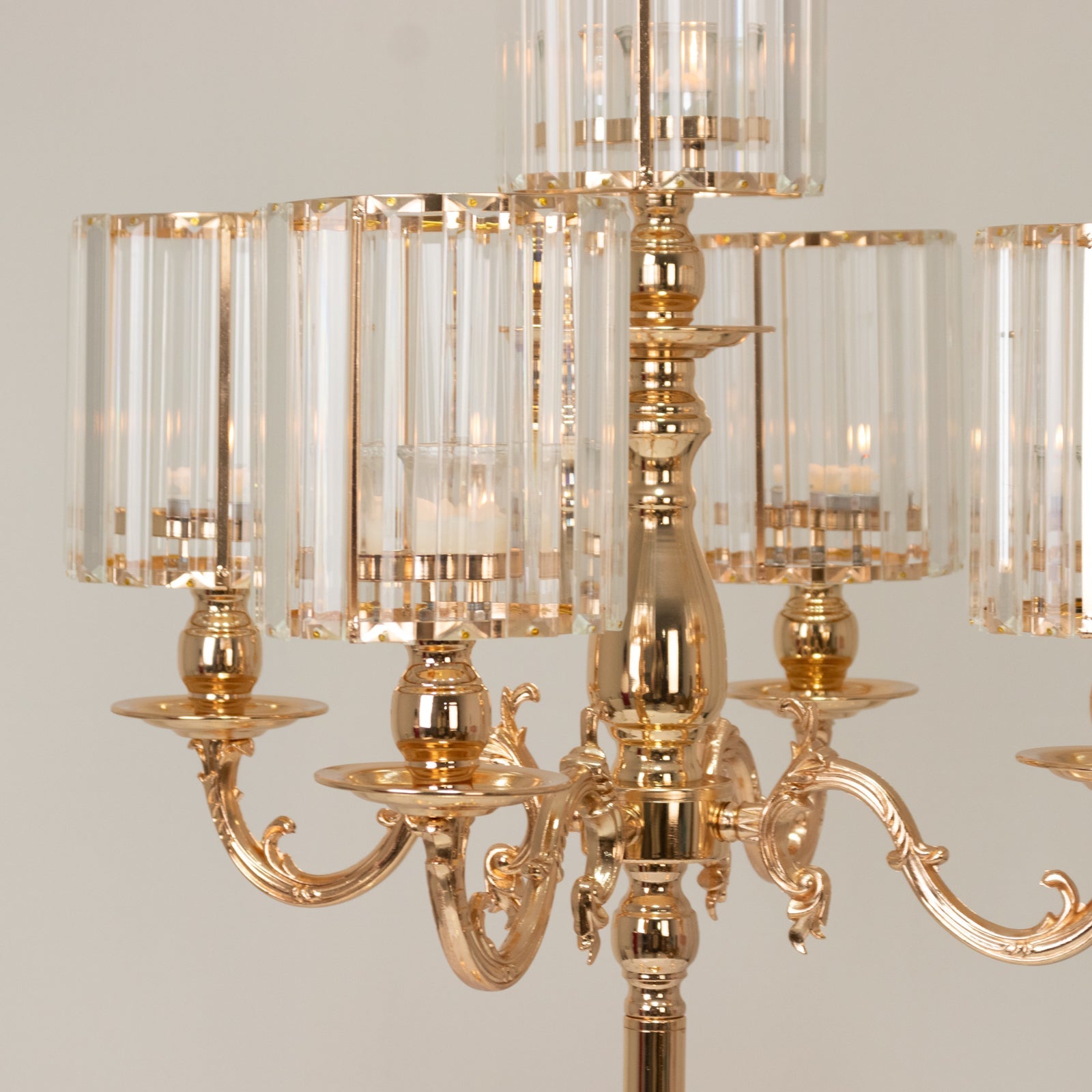 Gold Metal 5-Arm Candelabra with Crystal Pendant Glass Shades – 40" Tall Candle Holder for Pillar, LED, and Flameless Candles