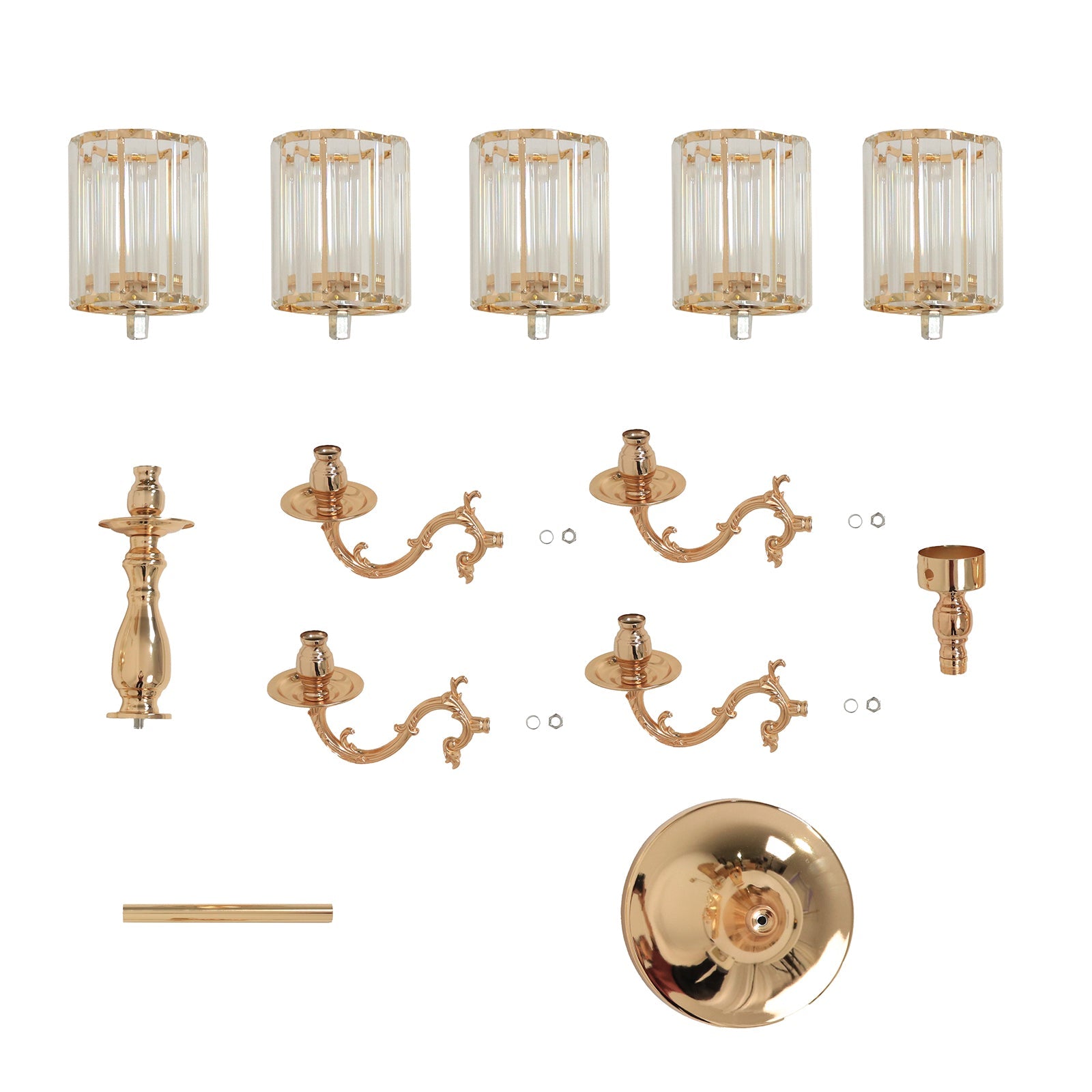 Gold Metal 5-Arm Candelabra with Crystal Pendant Glass Shades – 40" Tall Candle Holder for Pillar, LED, and Flameless Candles