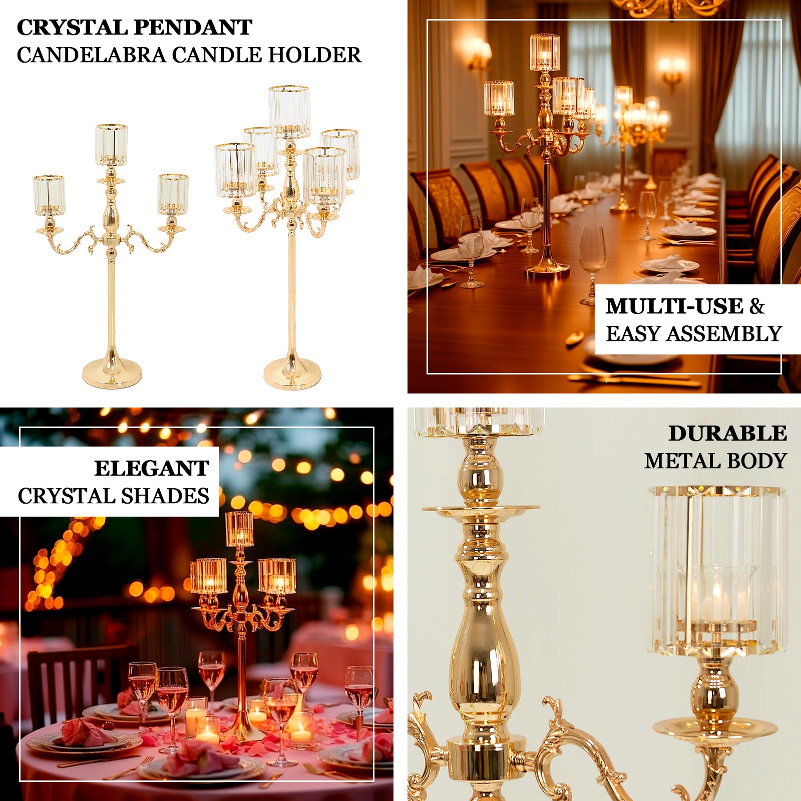 Gold Metal 5-Arm Candelabra with Crystal Pendant Glass Shades – 40" Tall Candle Holder for Pillar, LED, and Flameless Candles