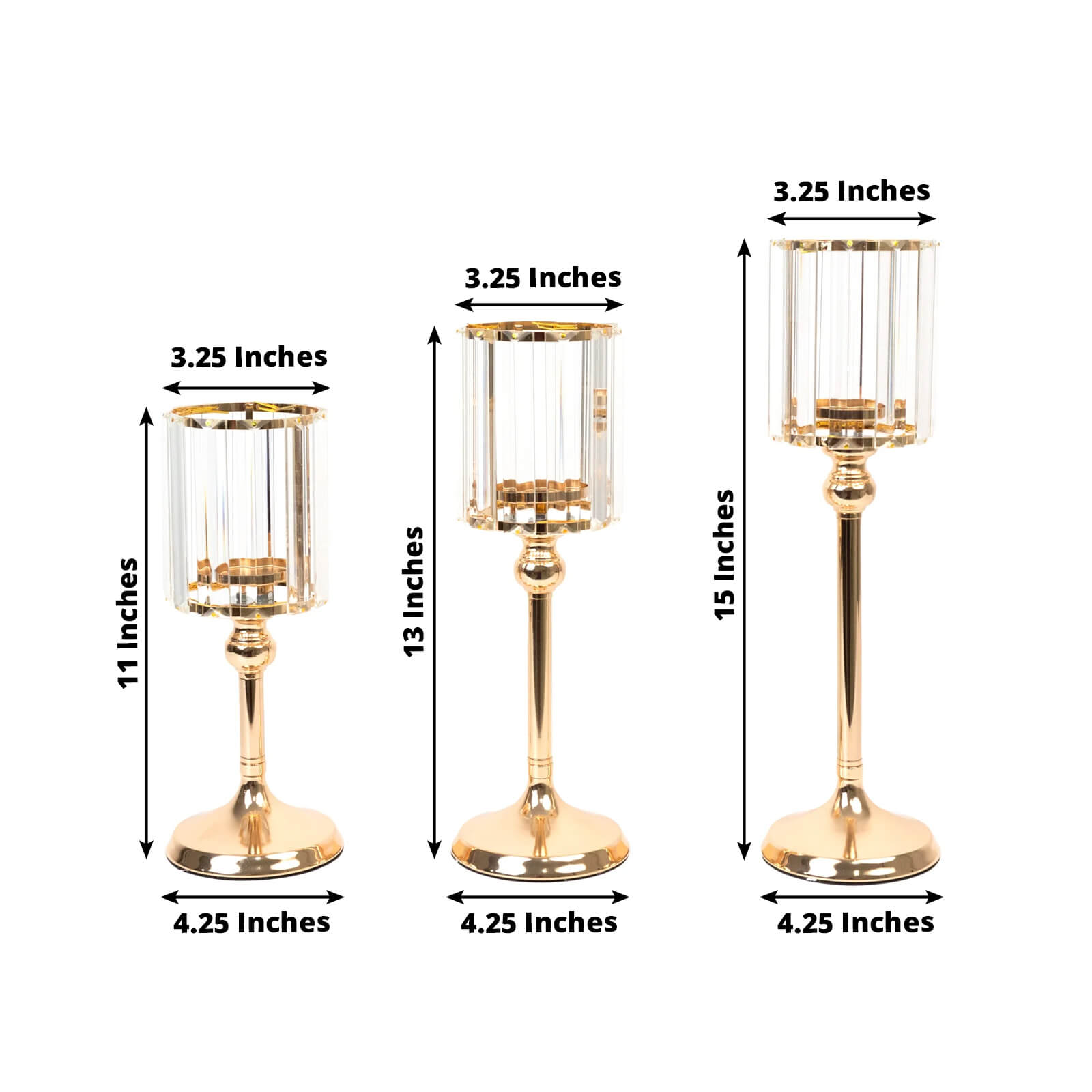 Set of 3 Gold Crystal Pendant Hurricane Candle Holders, Elegant Cylindrical Design for Pillar Candles, Decorative Table Centerpieces - 11",13",15"