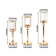 Set of 3 Gold Crystal Pendant Hurricane Candle Holders, Elegant Cylindrical Design for Pillar Candles, Decorative Table Centerpieces - 11",13",15"