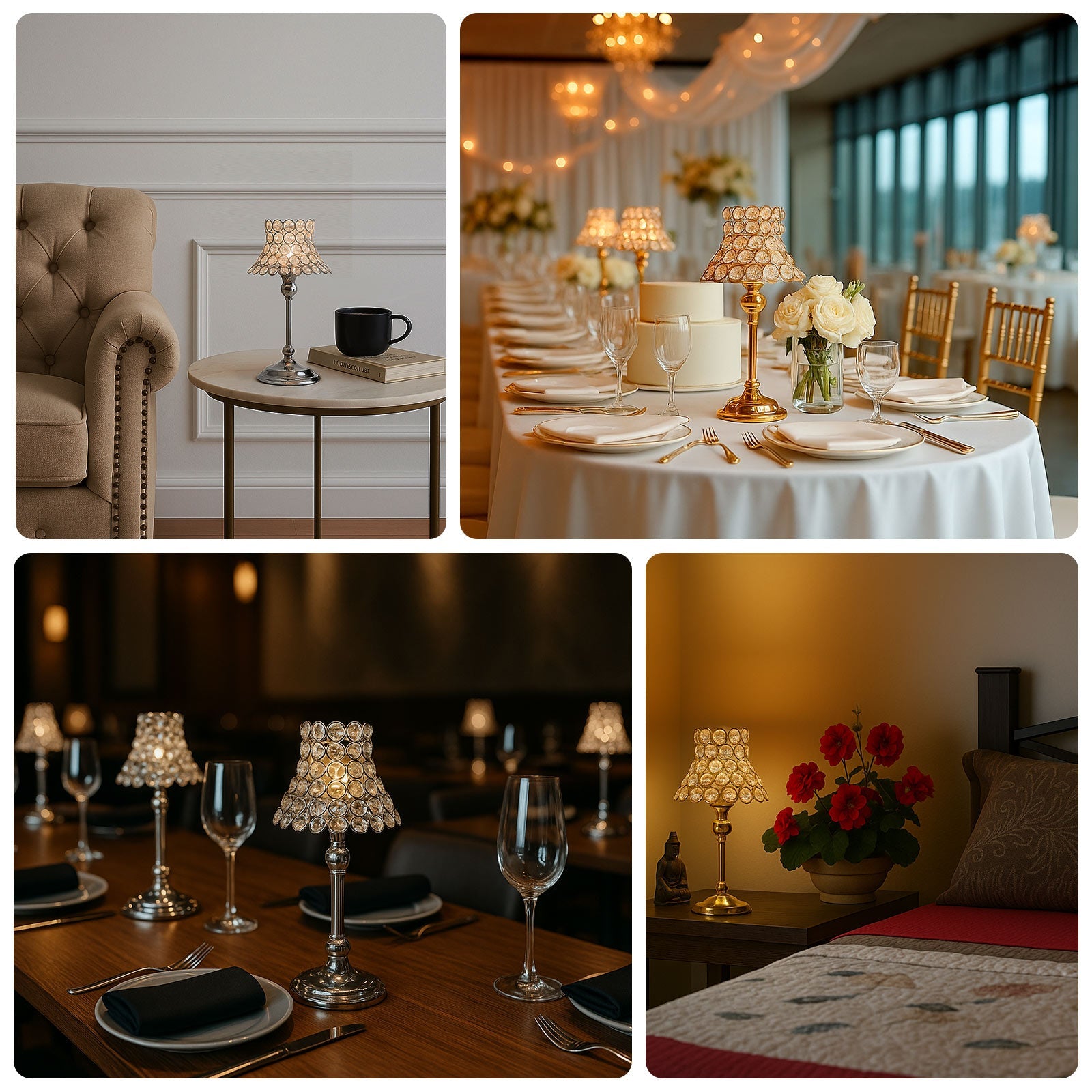 2 Pack Crystal Beaded Candle Holders – 12" Tall Gold Metal Centerpieces with Lamp-Inspired Shade for Tables & Events