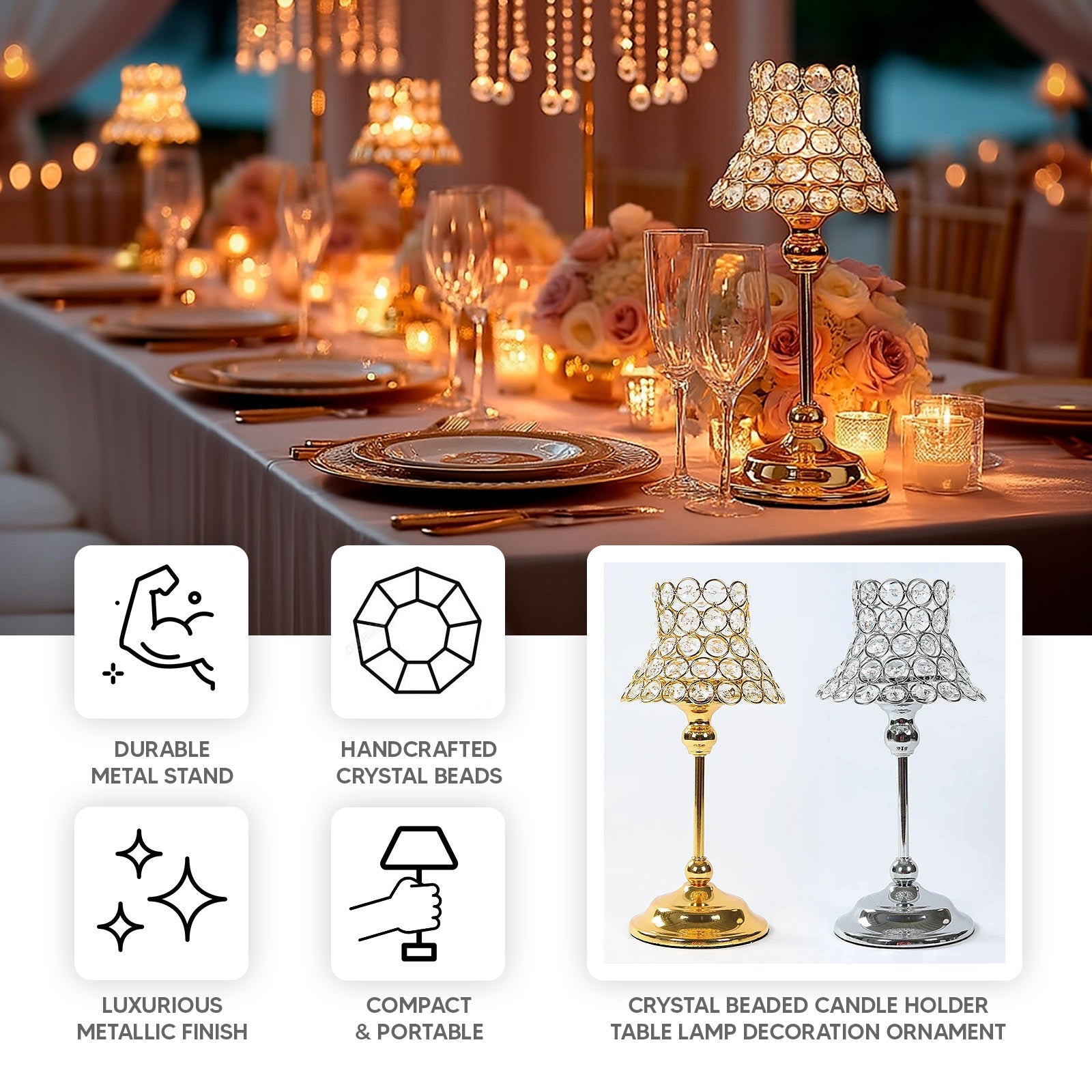 2 Pack Crystal Beaded Candle Holders – 12" Tall Silver Metal Centerpieces with Lamp-Inspired Shade for Tables & Events
