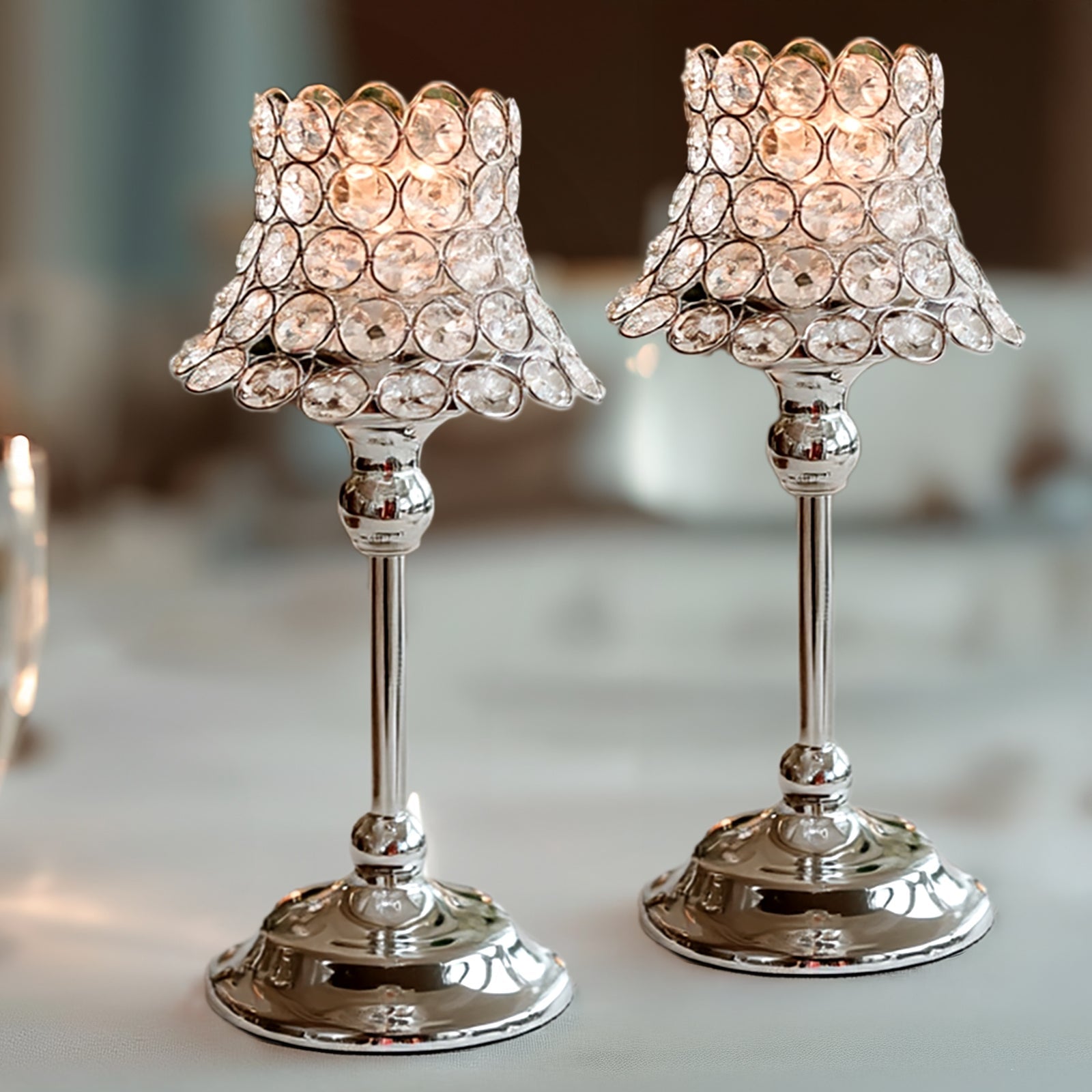 2 Pack Crystal Beaded Candle Holders – 12" Tall Silver Metal Centerpieces with Lamp-Inspired Shade for Tables & Events