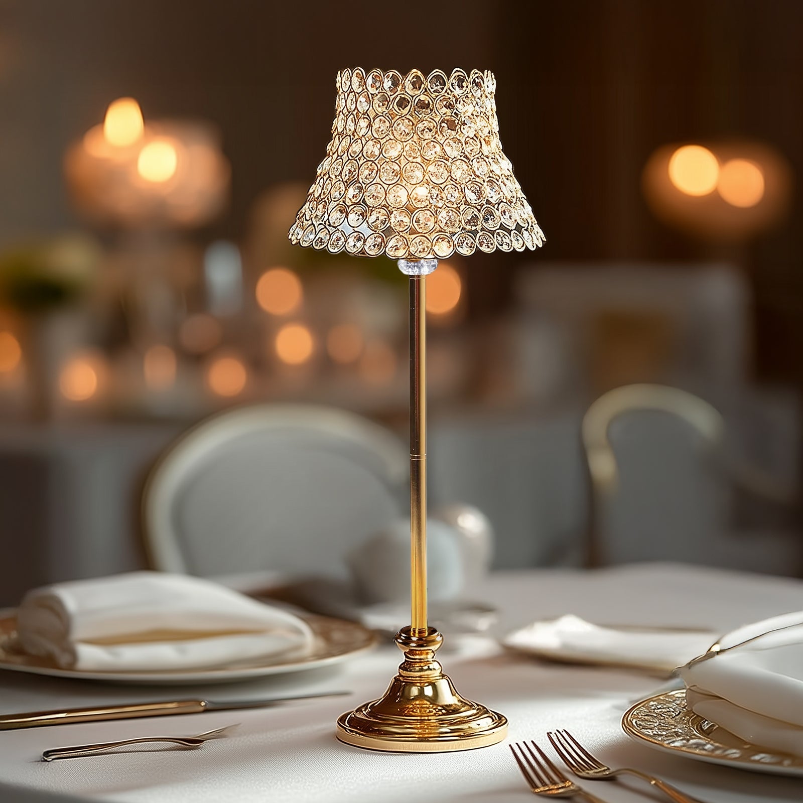 24" Tall Crystal Beaded Candle Stand – Gold Metal Centerpiece with Lamp-Inspired Shade for Tables & Events