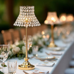 24" Tall Crystal Beaded Candle Stand – Gold Metal Centerpiece with Lamp-Inspired Shade for Tables & Events