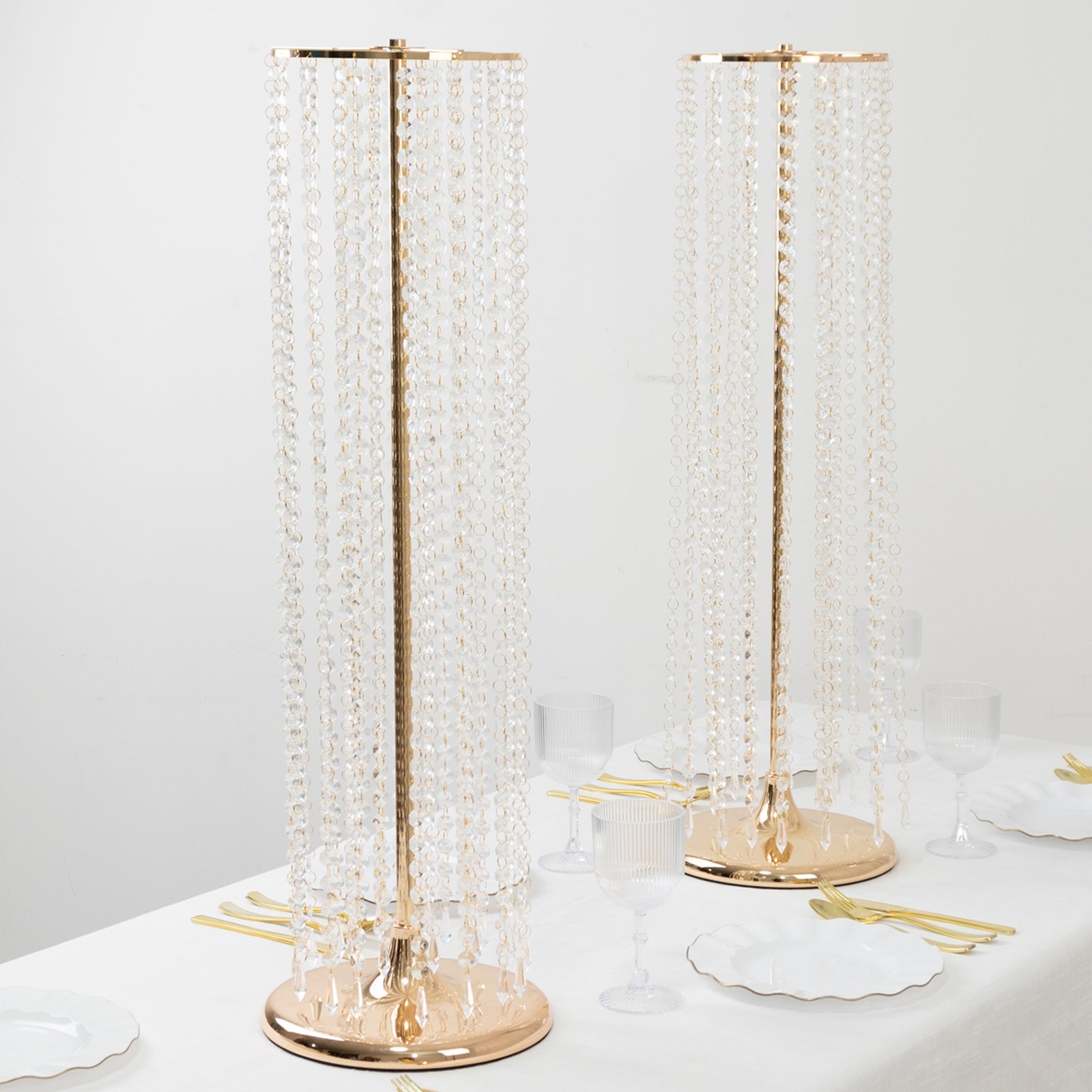 4-Pack Gold Metal Flower Stand Vases with Hanging Crystal Beads – 32" Tall Decorative Column Centerpieces for Events and Table Décor
