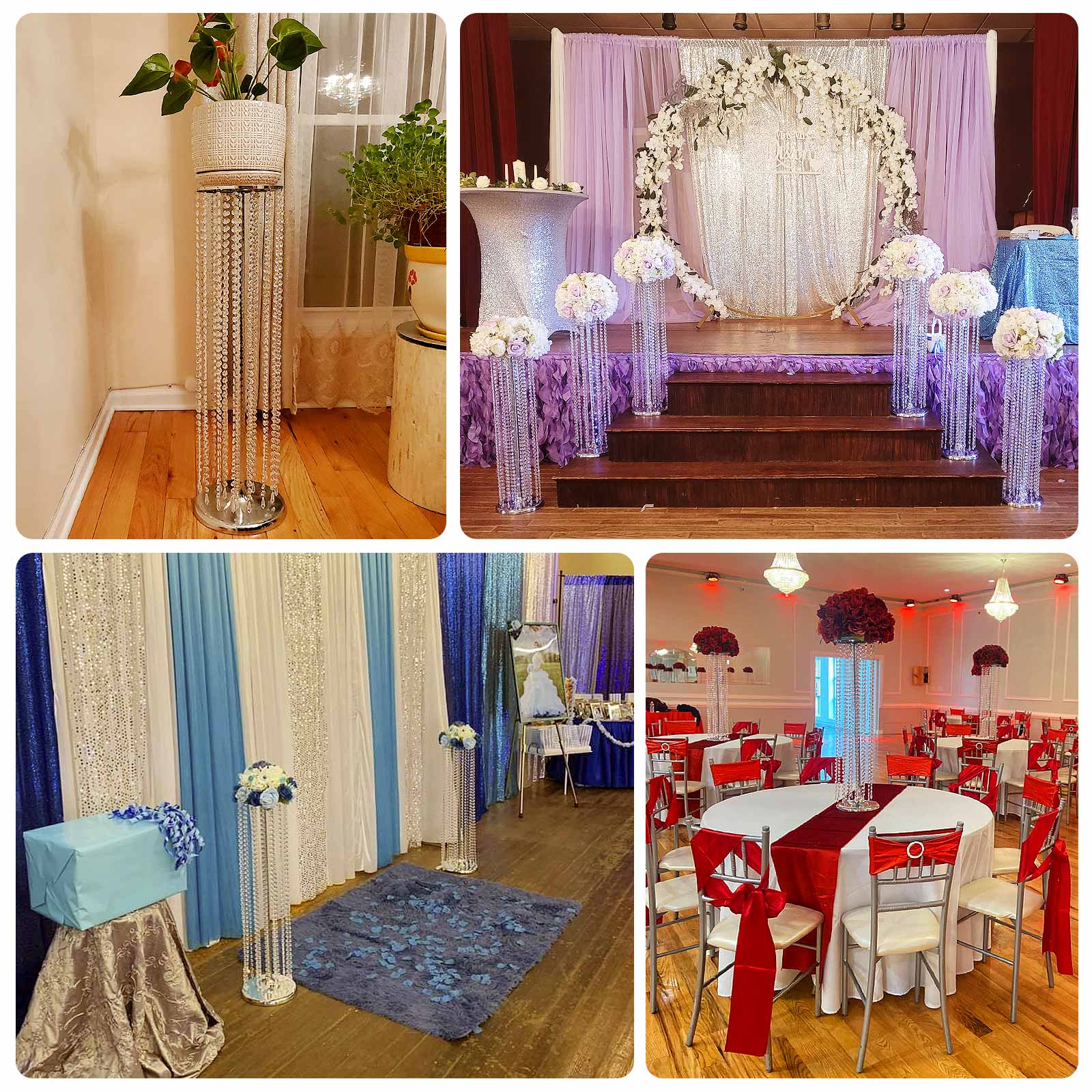 4-Pack Gold Metal Flower Stand Vases with Hanging Crystal Beads – 32" Tall Decorative Column Centerpieces for Events and Table Décor