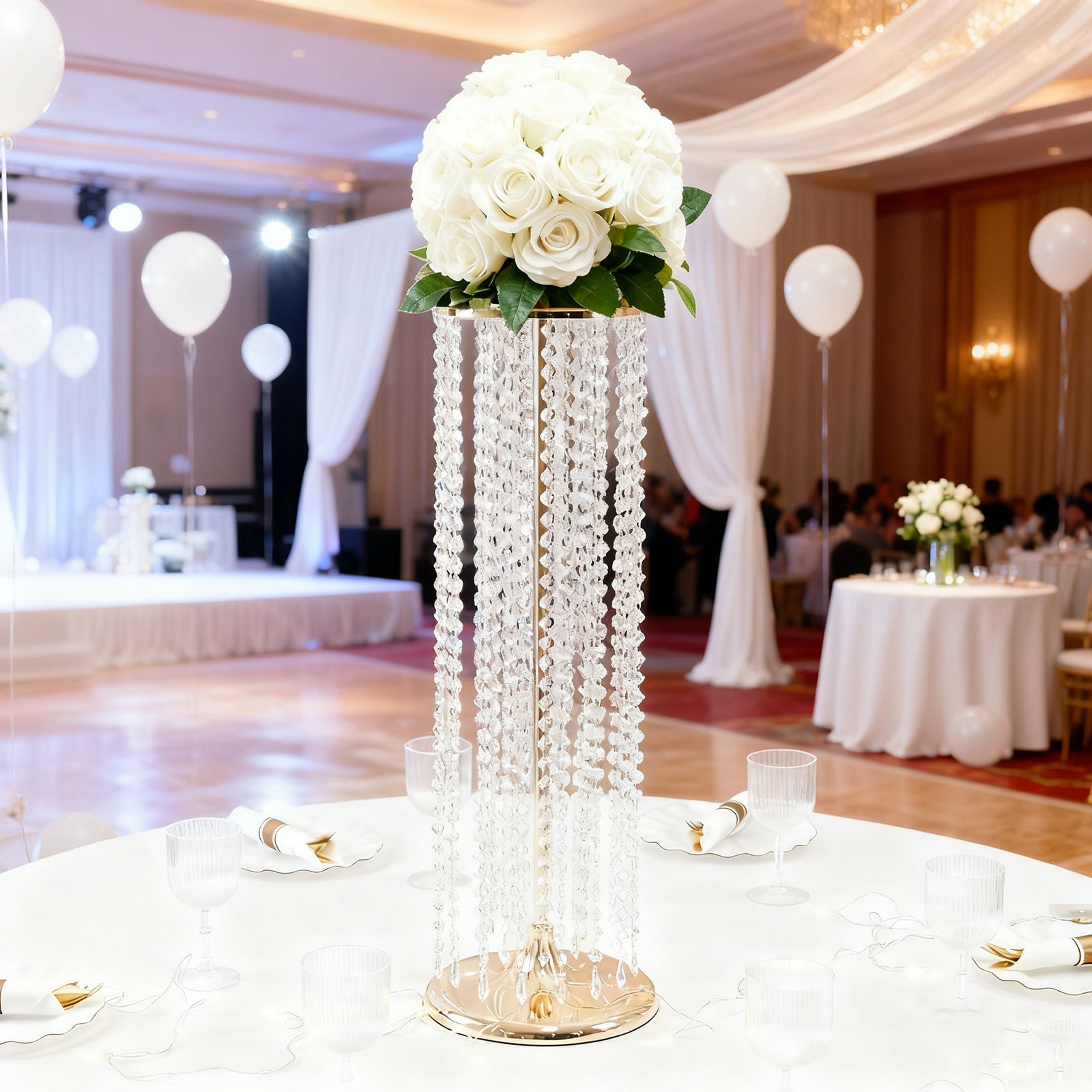 4-Pack Gold Metal Flower Stand Vases with Hanging Crystal Beads – 32" Tall Decorative Column Centerpieces for Events and Table Décor