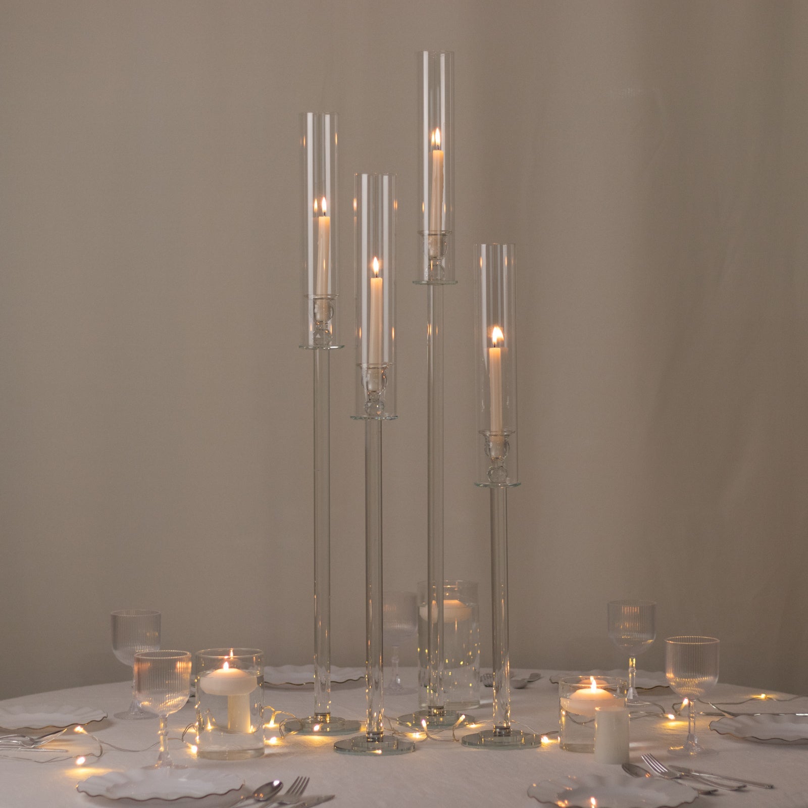 Set of 4 Crystal Glass Hurricane Taper Candle Holders, Decorative Tall Candle Stands Clear Cylinder Chimney Tubes 29", 33", 37", 41"