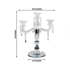Crystal Taper Candle Holder with 3 Arms & Hanging Pendants – Elegant Table Centerpiece, 14"