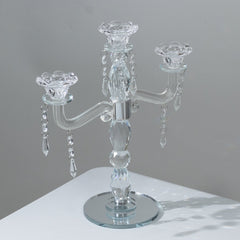 Crystal Taper Candle Holder with 3 Arms & Hanging Pendants – Elegant Table Centerpiece, 14"