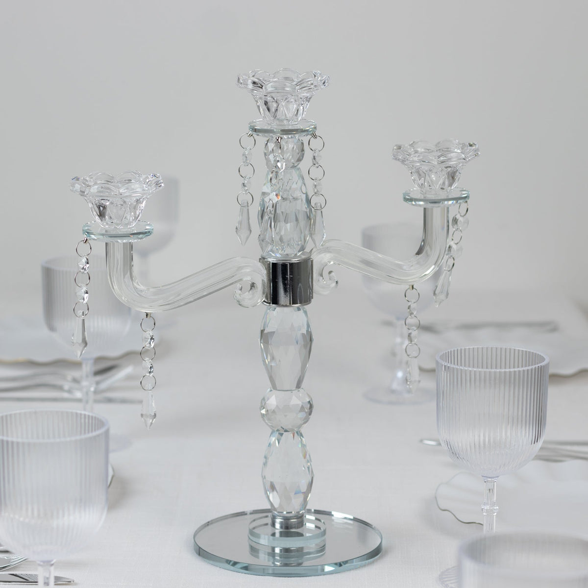 Crystal Taper Candle Holder with 3 Arms & Hanging Pendants – Elegant Table Centerpiece, 14"