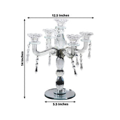 Crystal Taper Candle Holder with 5 Arms & Hanging Pendants – Elegant Table Centerpiece, 14"