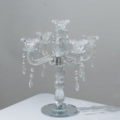Crystal Taper Candle Holder with 5 Arms & Hanging Pendants – Elegant Table Centerpiece, 14"