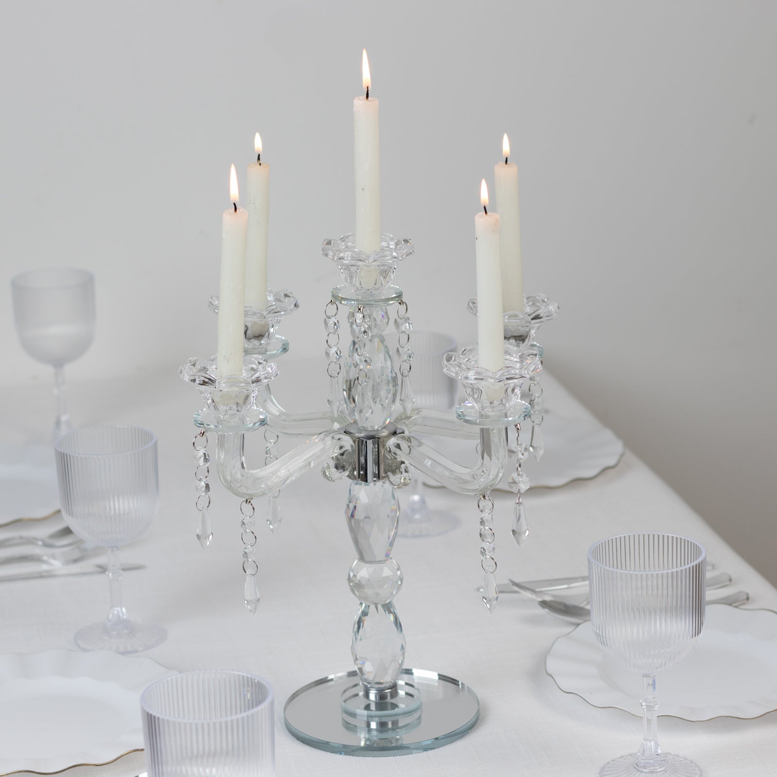 Crystal Taper Candle Holder with 5 Arms & Hanging Pendants – Elegant Table Centerpiece, 14"