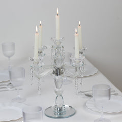 Crystal Taper Candle Holder with 5 Arms & Hanging Pendants – Elegant Table Centerpiece, 14"
