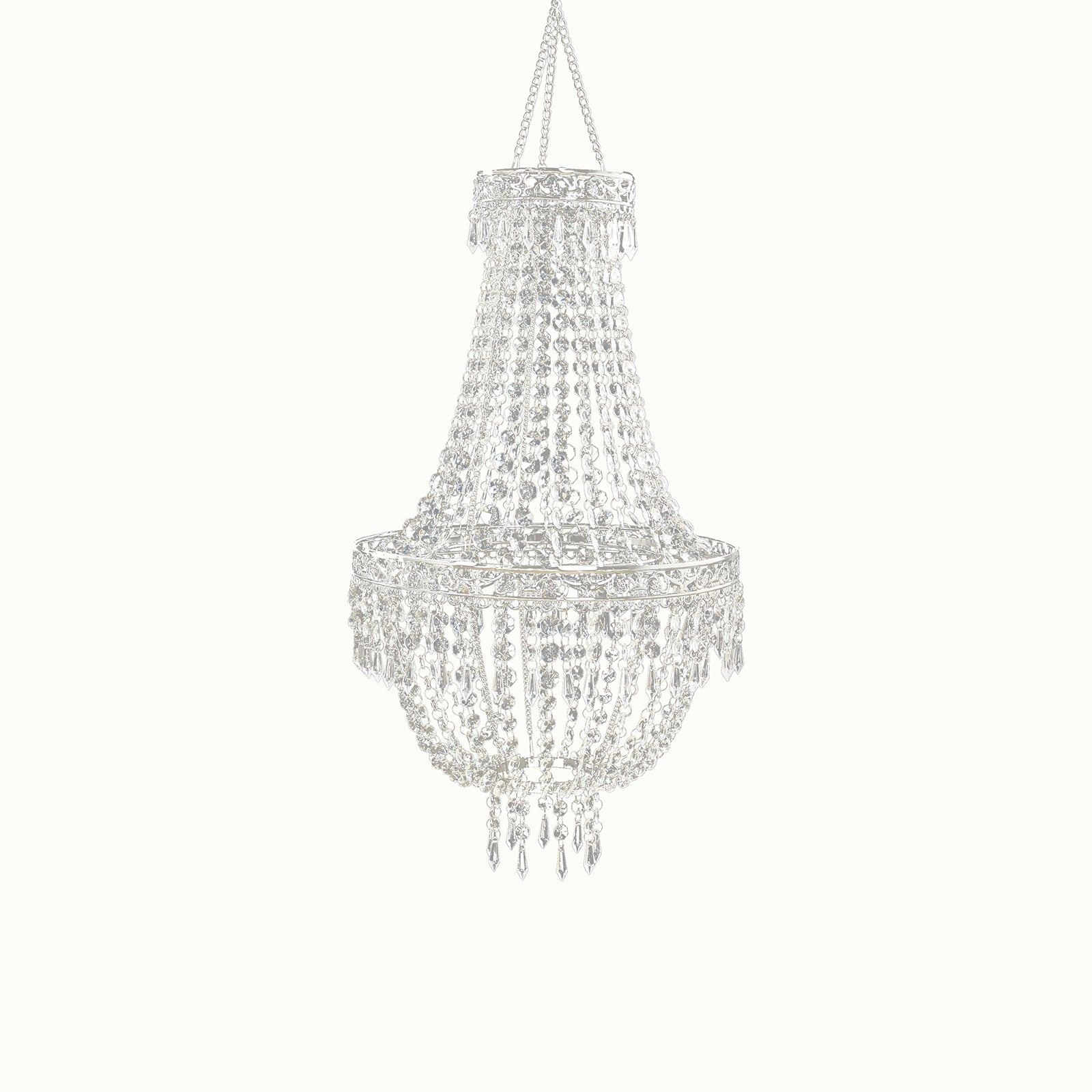 2ft Empire Style Beaded Crystal Chandelier with Silver Ornate Metal Frame, Adjustable Hanging Farmhouse Pendant Ceiling Lighting
