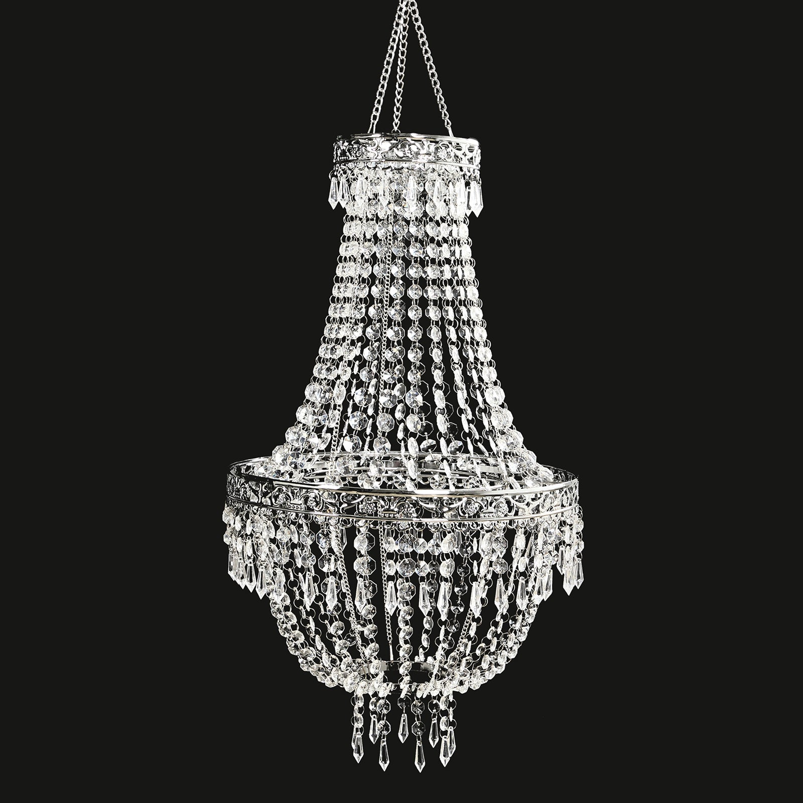 2ft Empire Style Beaded Crystal Chandelier with Silver Ornate Metal Frame, Adjustable Hanging Farmhouse Pendant Ceiling Lighting