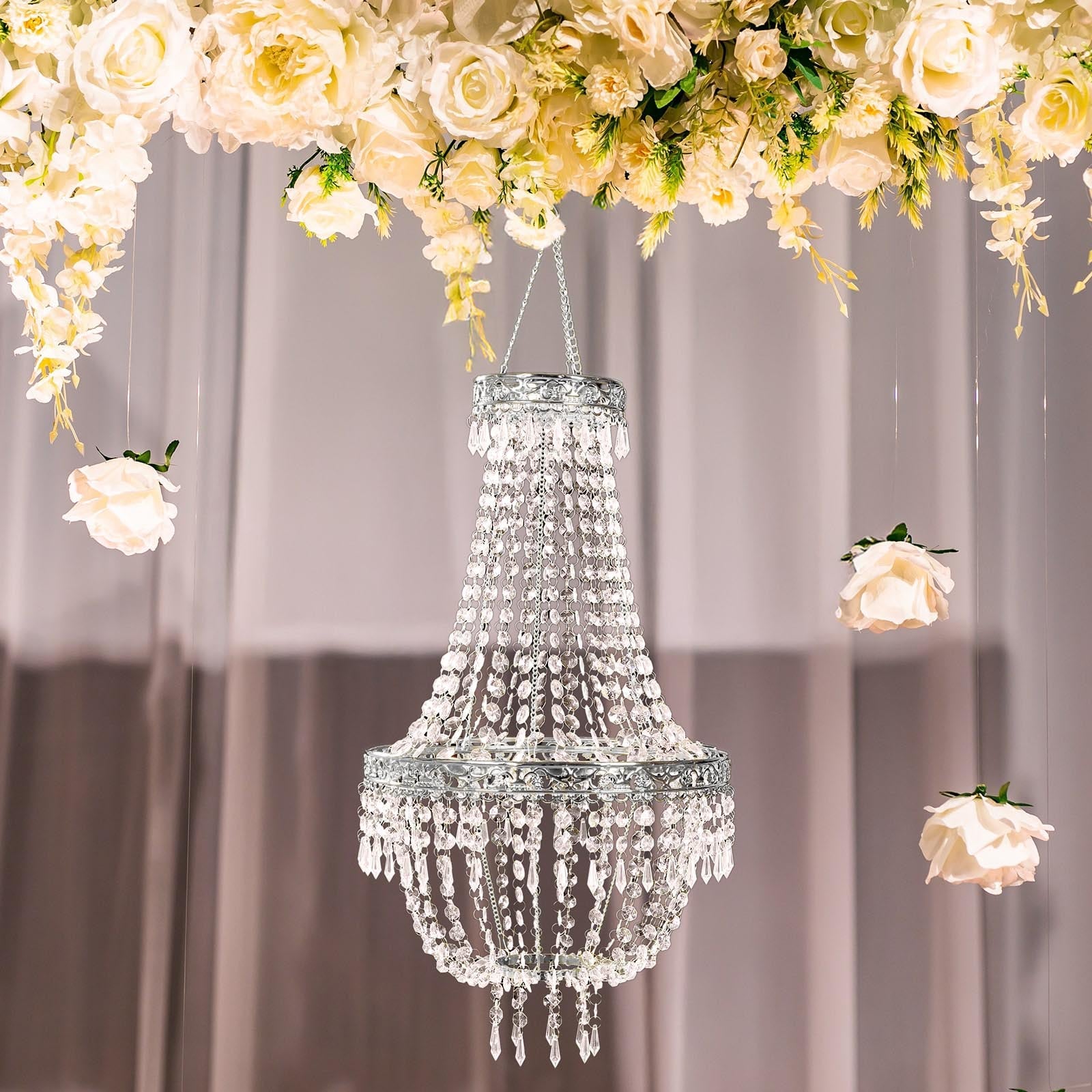 2ft Empire Style Beaded Crystal Chandelier with Silver Ornate Metal Frame, Adjustable Hanging Farmhouse Pendant Ceiling Lighting