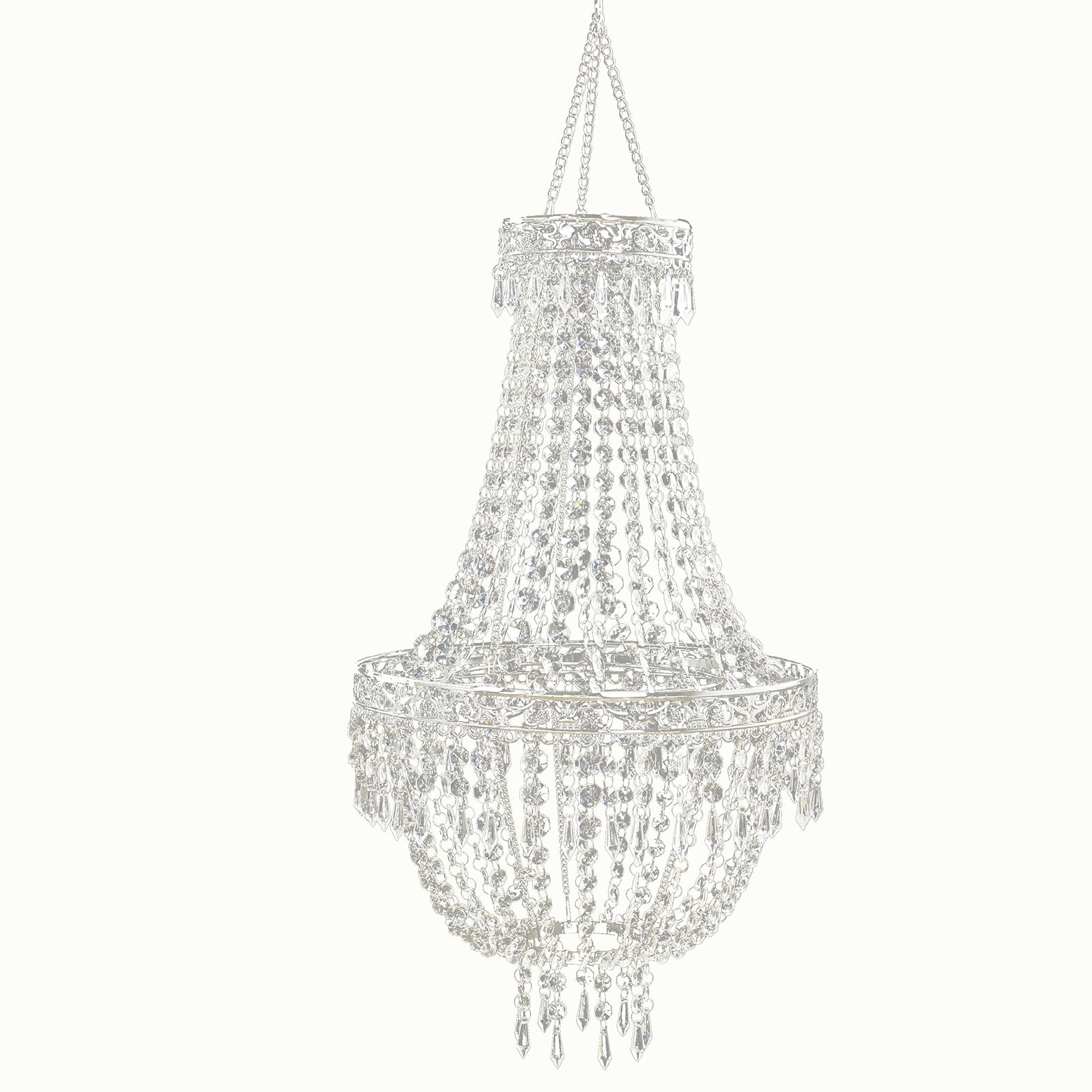3ft Empire Style Beaded Crystal Chandelier with Silver Ornate Metal Frame, Adjustable Hanging Farmhouse Pendant Ceiling Lighting