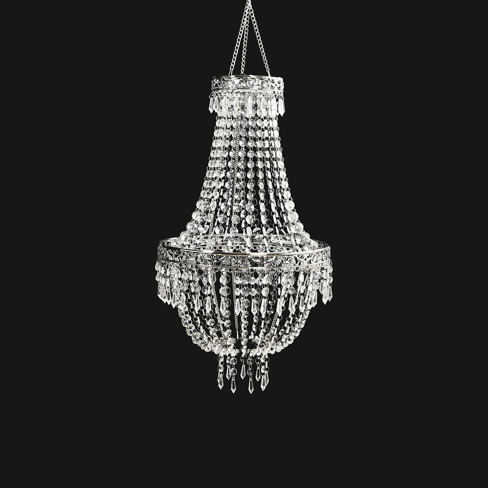 3ft Empire Style Beaded Crystal Chandelier with Silver Ornate Metal Frame, Adjustable Hanging Farmhouse Pendant Ceiling Lighting