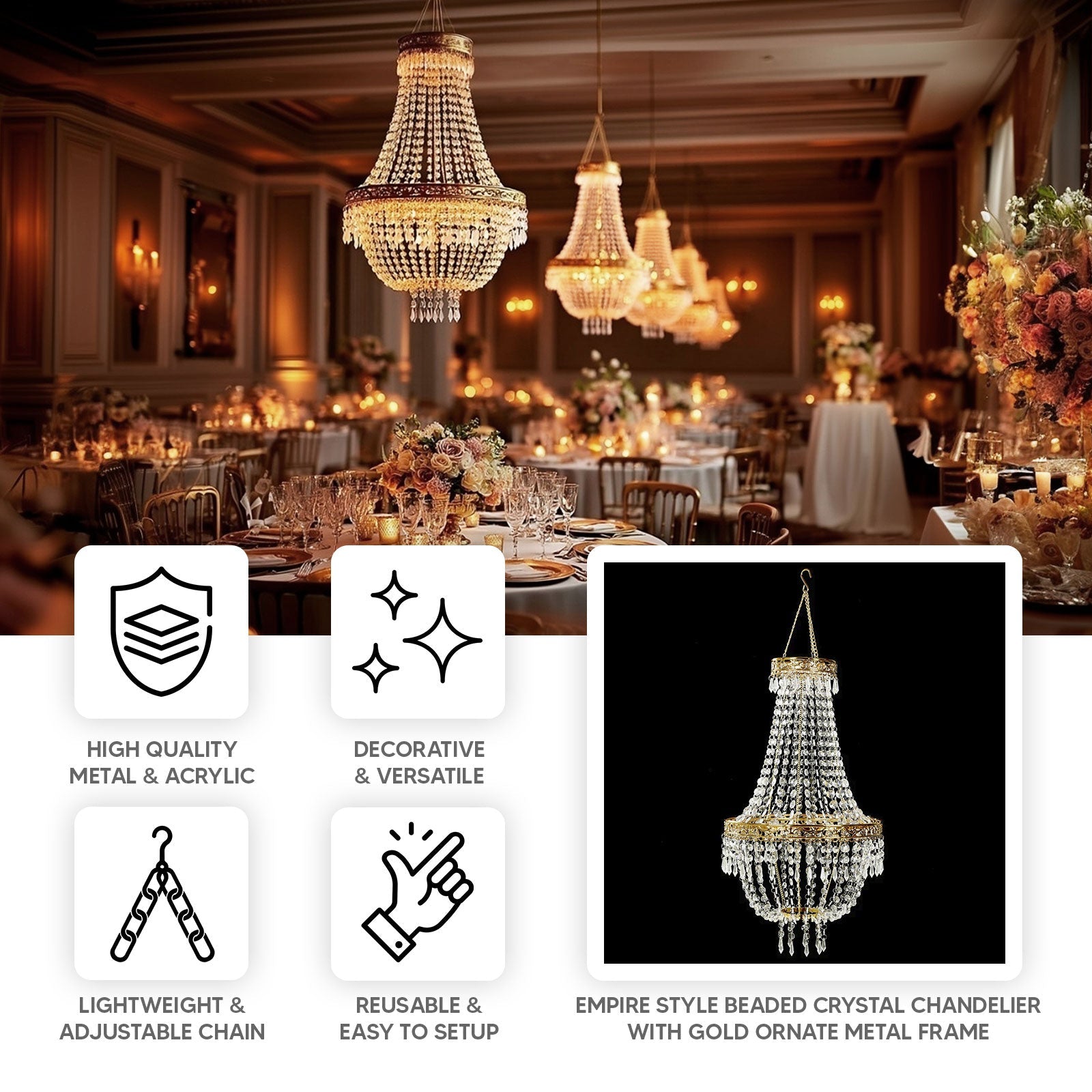 5ft Empire Style Beaded Crystal Chandelier with Gold Ornate Metal Frame, Adjustable Hanging Farmhouse Pendant Ceiling Lighting