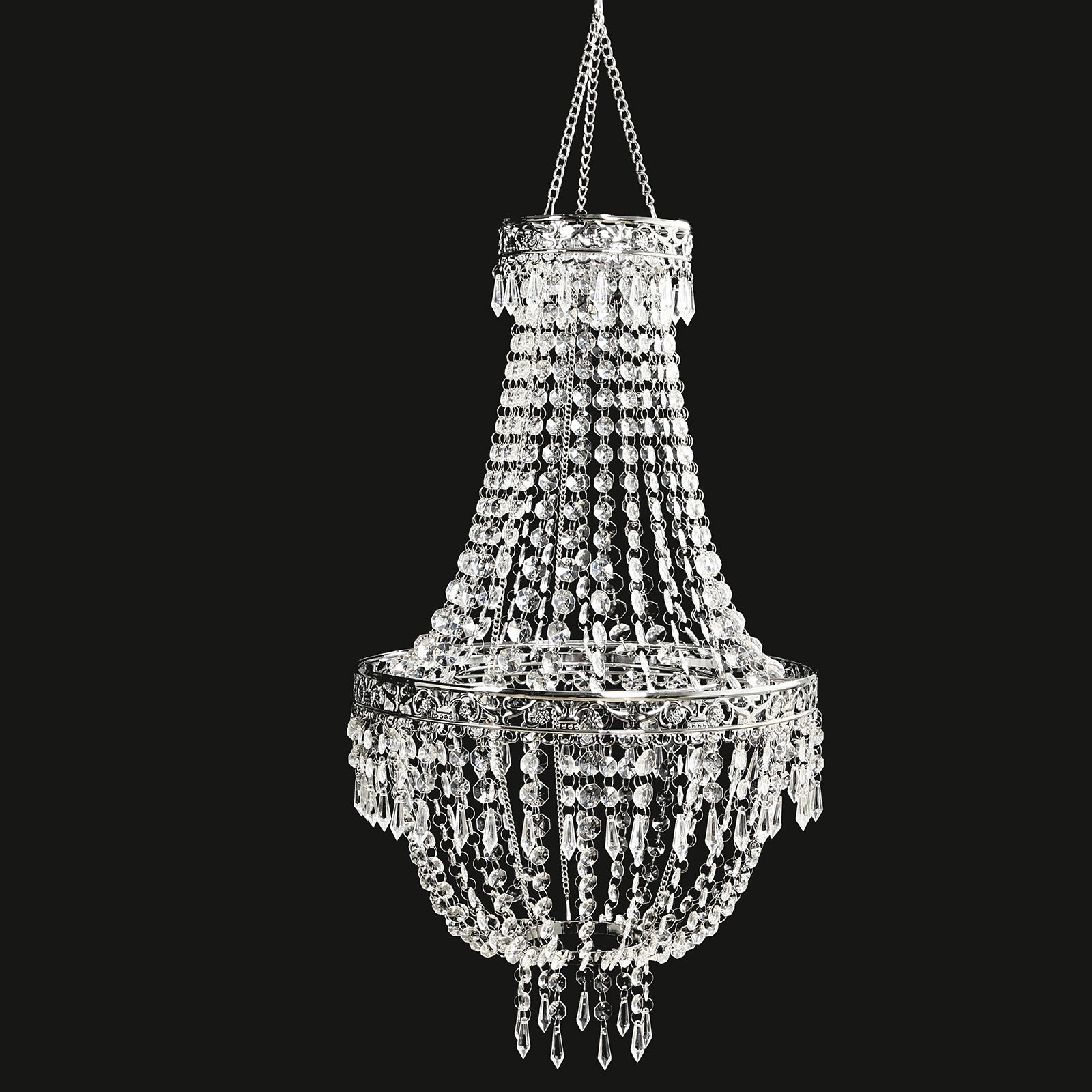 5ft Empire Style Beaded Crystal Chandelier with Silver Ornate Metal Frame, Adjustable Hanging Farmhouse Pendant Ceiling Lighting