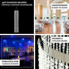 14ft Hanging Beaded Crystal Column Chandelier, Tall Beads Curtain Round with Silver Metal Hoop and Hanging Chain