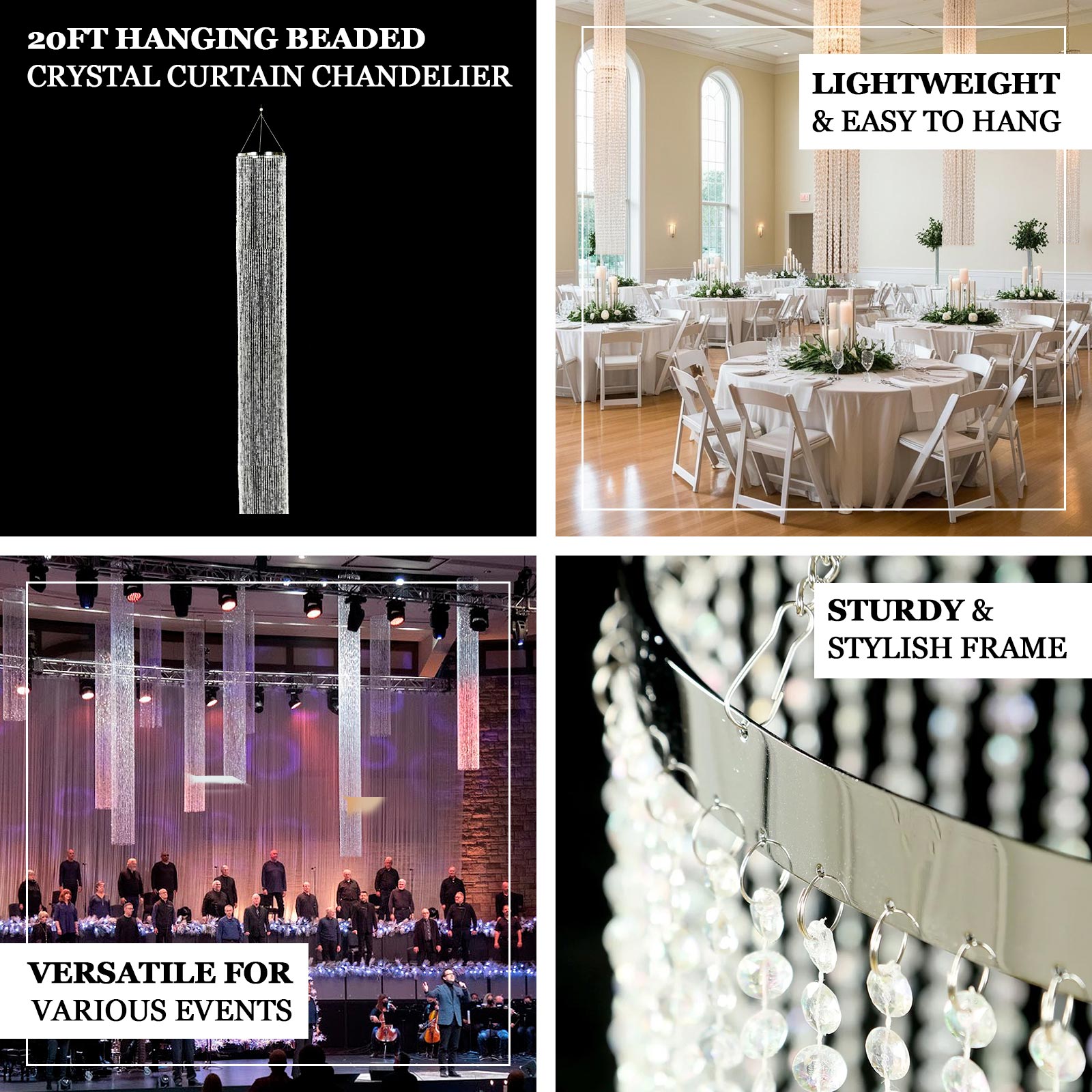 20ft Hanging Beaded Crystal Column Chandelier, Tall Beads Curtain Round with Silver Metal Hoop and Hanging Chain