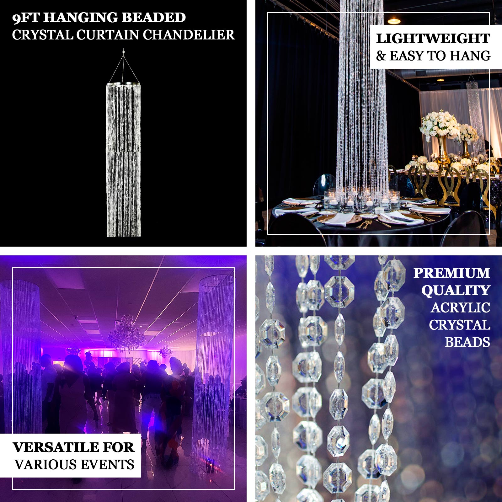 9ft Hanging Beaded Crystal Column Chandelier, Tall Beads Curtain Round with Silver Metal Hoop and Hanging Chain