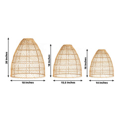 Boho Rattan Light Shades Set of 3 – Natural Woven Pendant Lamp Covers in Cone Shape – 16" 18" 20" – Ceiling Shades Only