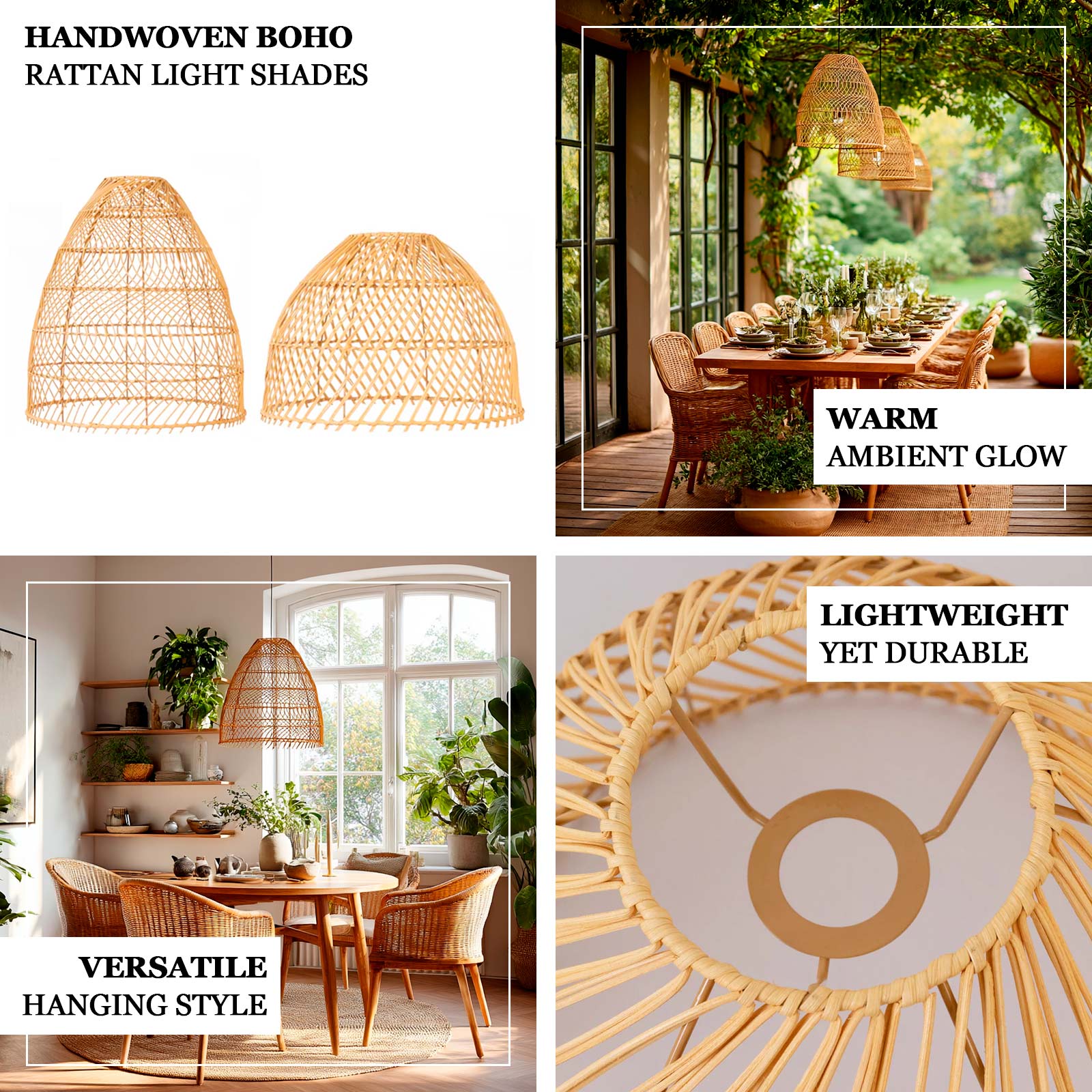 Boho Rattan Light Shades Set of 3 – Natural Woven Pendant Lamp Covers in Cone Shape – 16" 18" 20" – Ceiling Shades Only