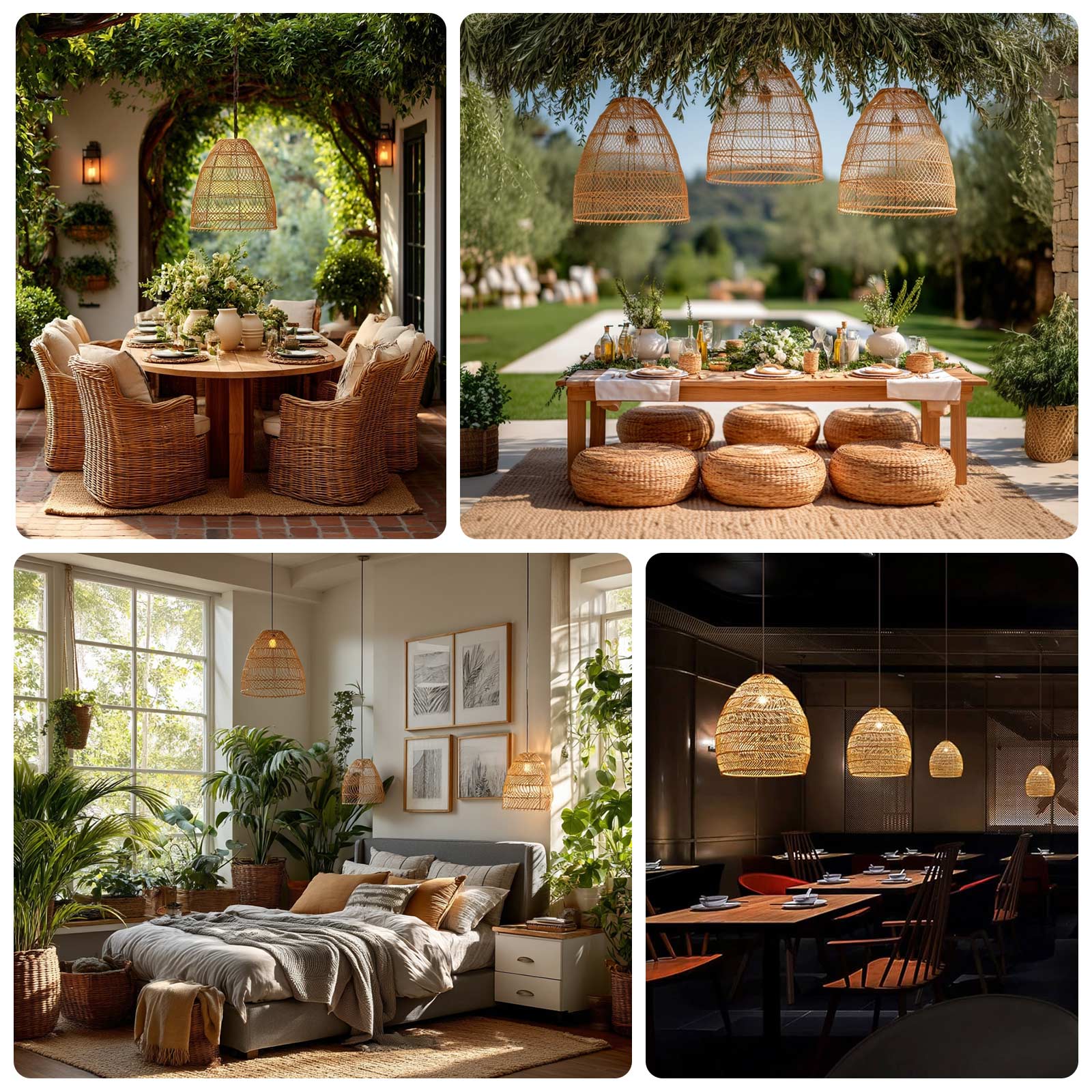 Boho Rattan Dome Pendant Shades – 3 Pack Natural Woven Ceiling Lamp Covers – 16" Round – Shades Only