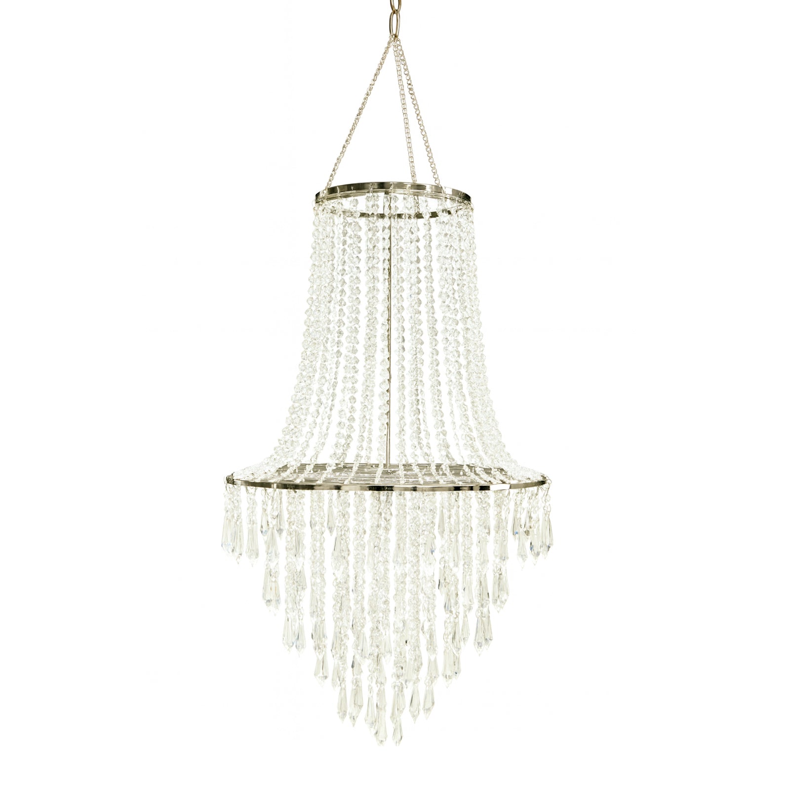 2ft Fountain Crystal Beaded Chandelier – Hanging Pendant Light with Silver Metal Frame & Hook Chain, Elegant Tiered Design