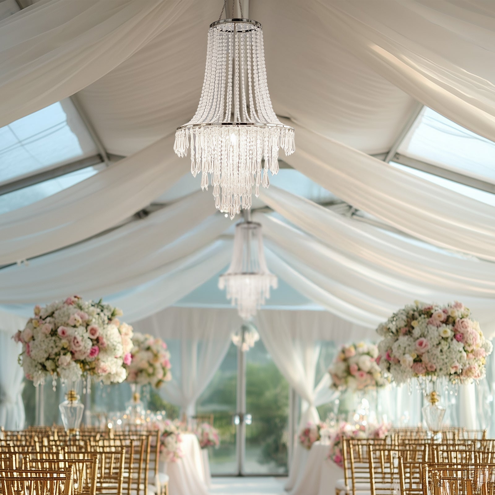 2ft Fountain Crystal Beaded Chandelier – Hanging Pendant Light with Silver Metal Frame & Hook Chain, Elegant Tiered Design