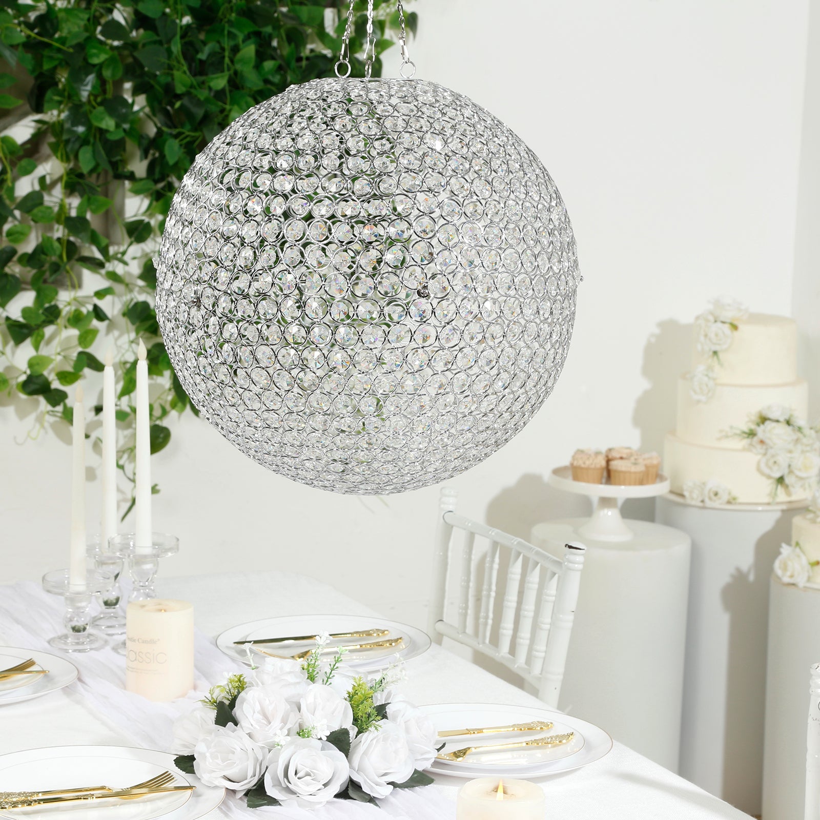 16" Crystal Globe Chandelier – Hanging Beaded Ball Pendant Light with Silver Metal Hook & Chain for Decorative Home Lighting
